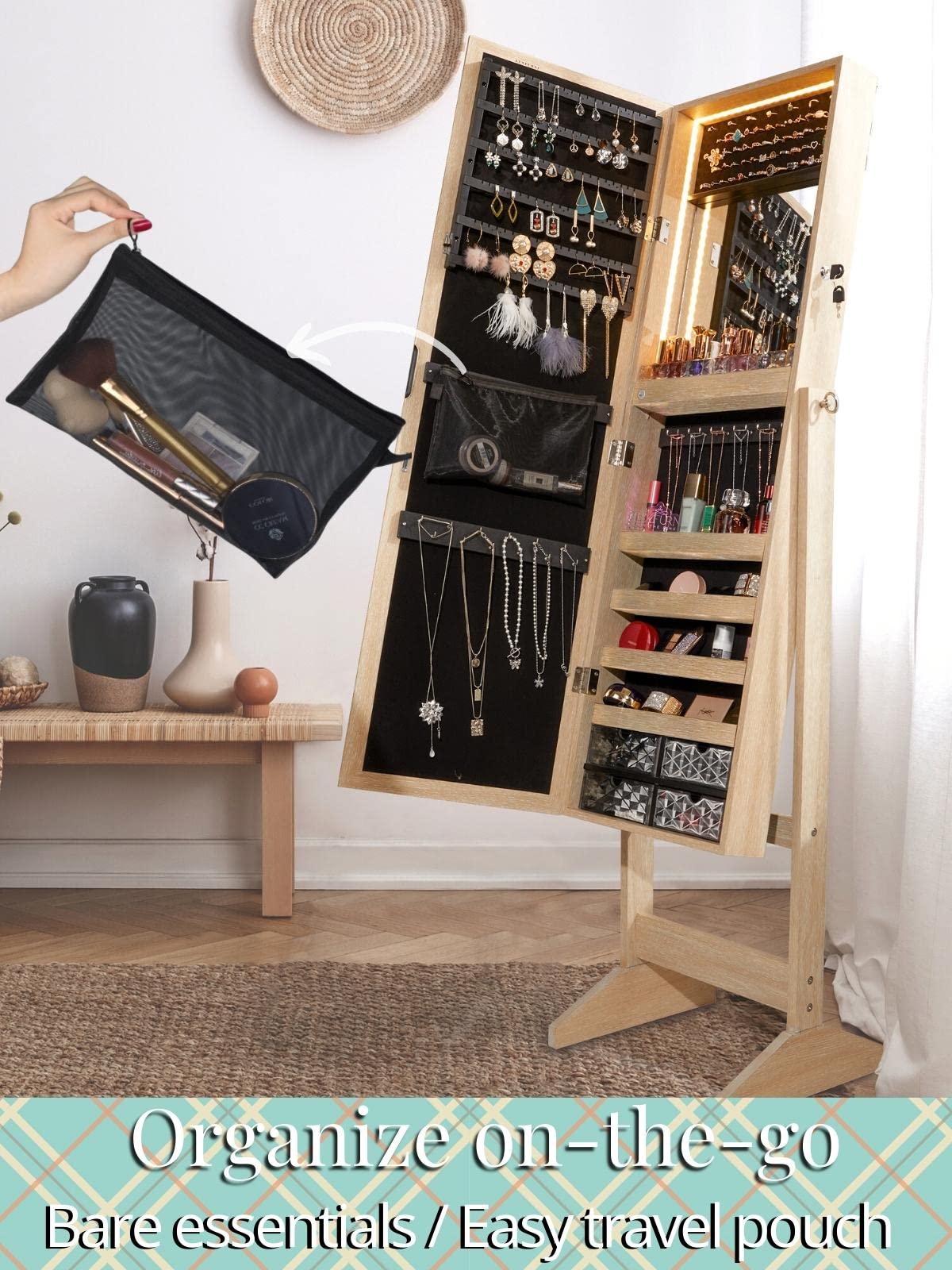 LUXFURNI LED Light Jewelry Cabinet Armoire, Standing Mirror Makeup Lockable Large Storage Organizer w/Drawers (Natural) LUXFURNI