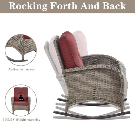 5 Piece Patio Rocking Chairs Furniture Set - Outdoor Wicker Furniture with Ottomans and Side Table, Rattan Conversation Bistro Set for Porch Balcony Backyard Belord