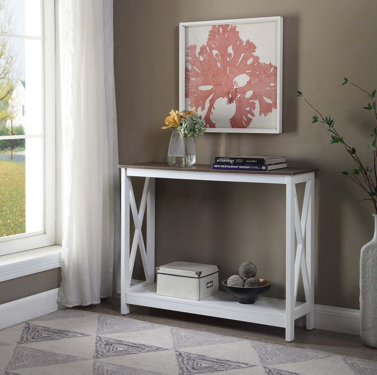 Convenience Concepts Oxford Console Table with Shelf, Driftwood/White Convenience Concepts