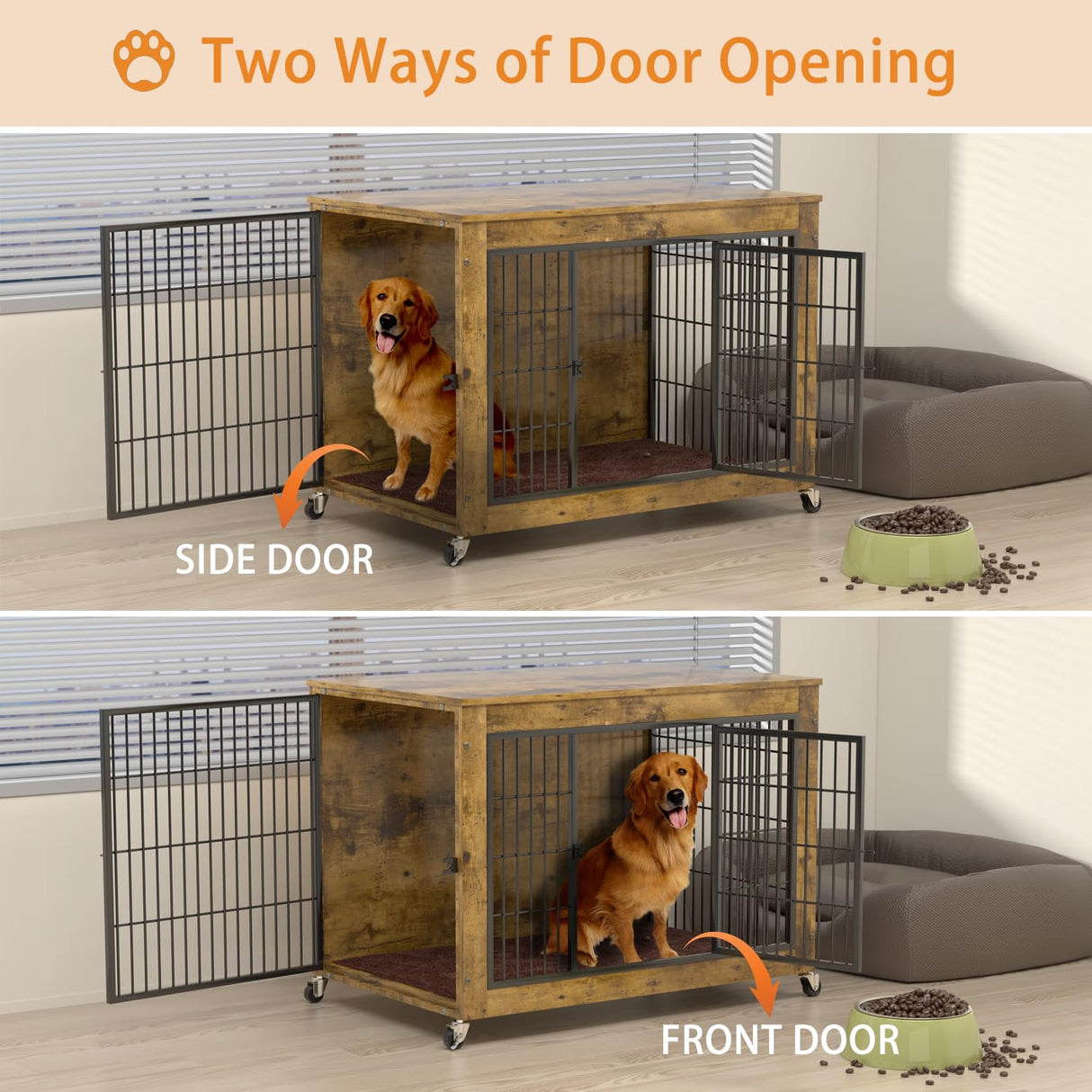 PRETZI Dog Crate Furniture with Cushion,38" Wooden Dog Crate nightstand with Double Doors, Brown Kennel Indoor with Wheels, Decorative Pet House for Small Medium PRETZI