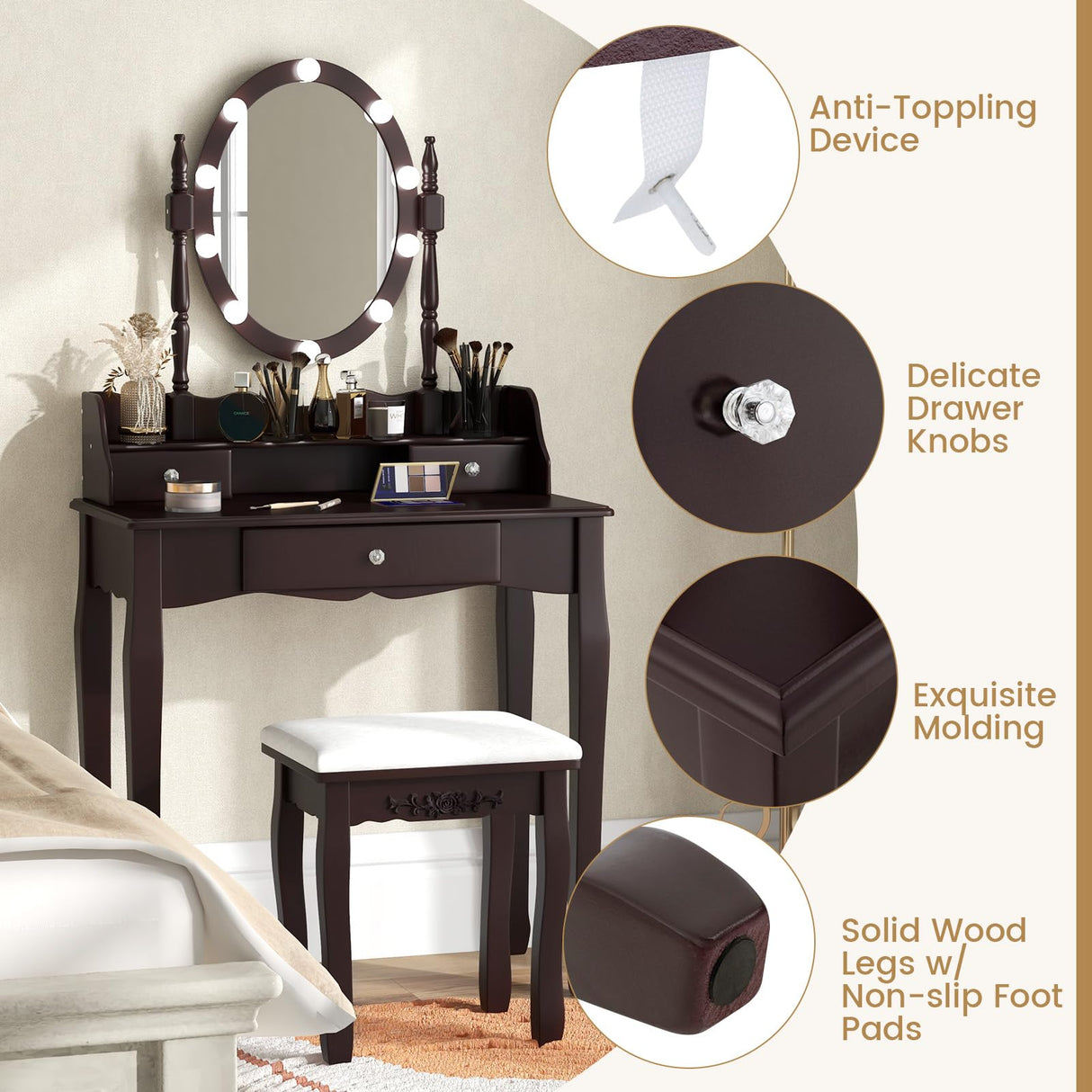 CHARMAID Girls Makeup Vanity Desk with Lights, Vanity Table with Lighted Mirror, 3 Lighting Modes, Adjustable Brightness, Modern Makeup Table with 3 Drawers and Stool for Small Space (Espresso) CHARMAID