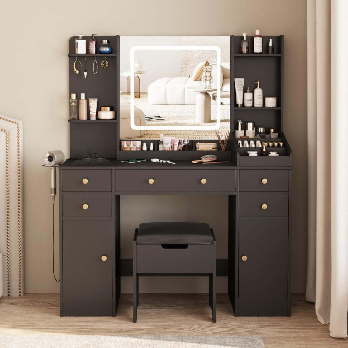 Vabches Vanity Desk with Lights, Makeup Vanity Table with Charging Station, 44.9in Big Vanity Set with 5 Drawers & Lots Storage Space, Black Vabches
