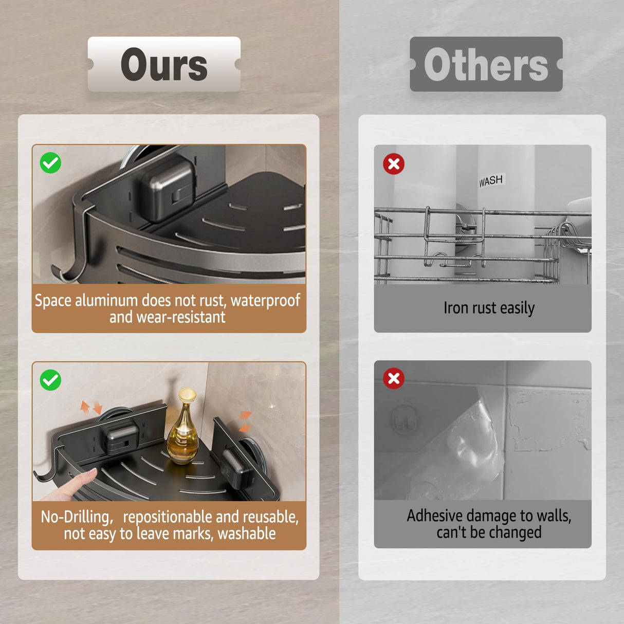 Conworld Corner Shower Caddy with Suction Cups, Shower Suction Shelf With Towel Bar, Wall Bathroom Shower Organizer Corner with Hooks, No-Drilling Removable (Aluminum, 2-Pack, Gunmetal Gray) Conworld