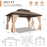 WKM 10x14 FT Hardtop Gazebo with Heavy Duty Galvanized Steel Double Roof, Aluminum Frame Permanent Pavilion with Curtains and Netting, Outside Canopy Gazebo for Patio, Deck and Backyard,Brown WKM