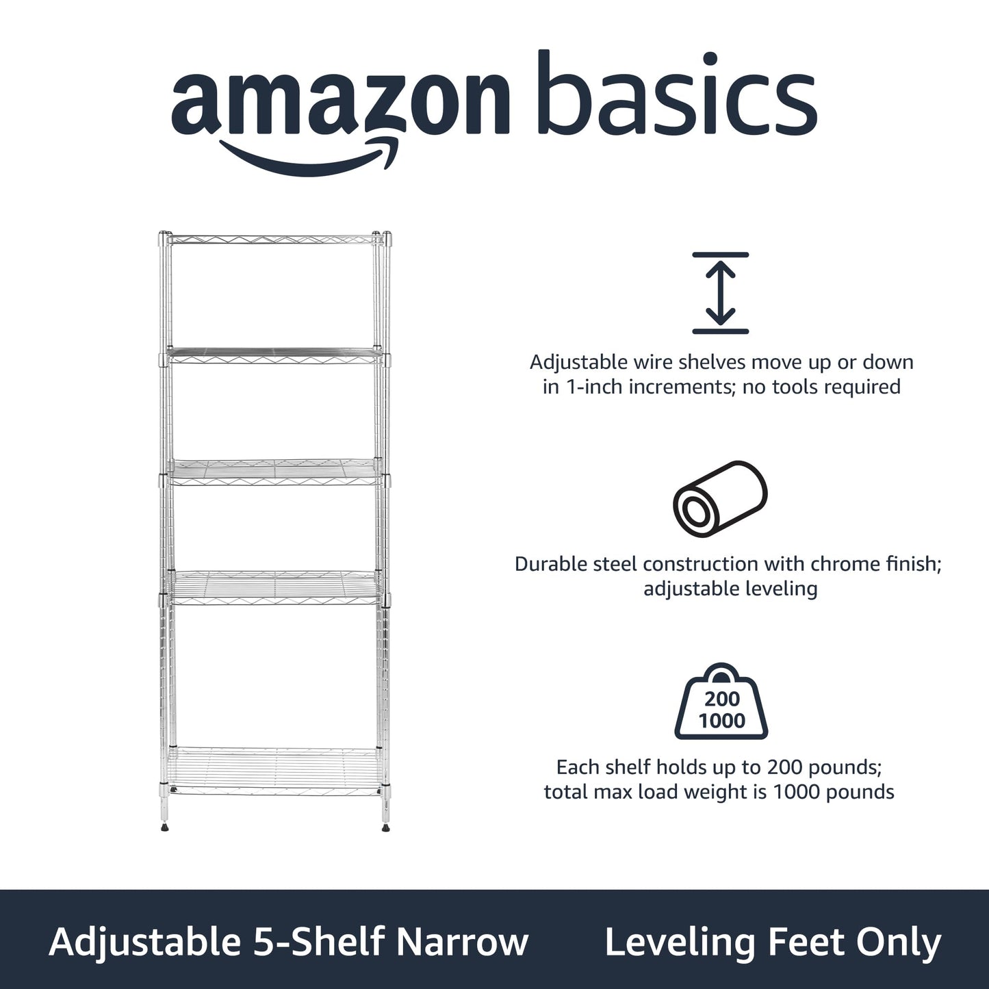 Amazon Basics 5-Shelf Adjustable, Storage Shelving Unit, (200 Pound Loading Capacity per Shelf), Steel Organizer Wire Rack, 23.2 x 13.4 x 60 inches (LxWxH), Chrome