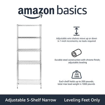 Amazon Basics 5-Shelf Adjustable, Storage Shelving Unit, (200 Pound Loading Capacity per Shelf), Steel Organizer Wire Rack, 23.2 x 13.4 x 60 inches (LxWxH), Chrome