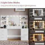 Irontar Makeup Vanity Table with Mirror & Lights, Vanity Desk with Power Strip, Large Drawer & Six Open Storage Dresser, 3 Lighting Modes Adjustable Brightness, Dressing Table, White WDT006W Irontar