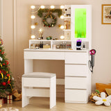 ERLEJIA Vanity, Vanity with Mirror and Lights, 35.43" Makeup Vanity Desk with Stool and Power Strip, Dressing Table with 6 Drawers and 6 Open Shelves with RGB LED Lighting Cabinet, White ERLEJIA