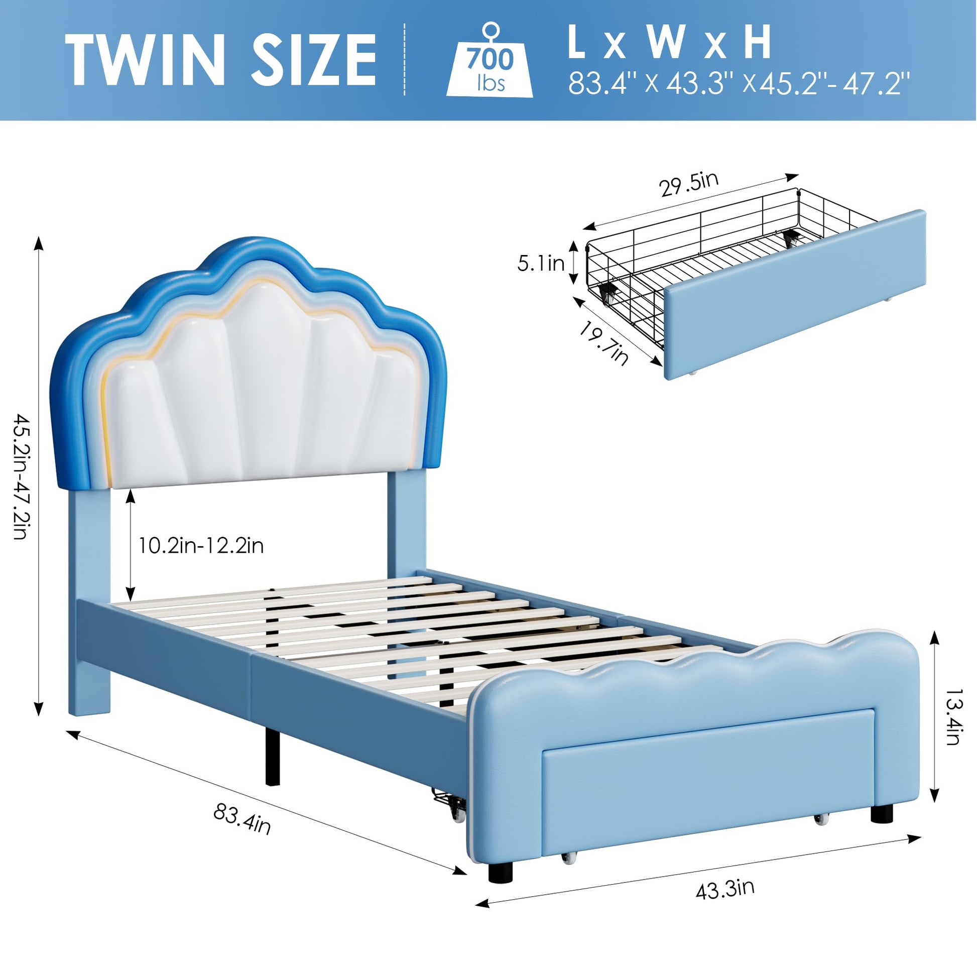 HOSTACK Twin Upholstered LED Bed Frame with Storage Drawers - Stylish Blue/White Platform Bed for Boys with Adjustable Lotus Headboard - WoodArtSupply