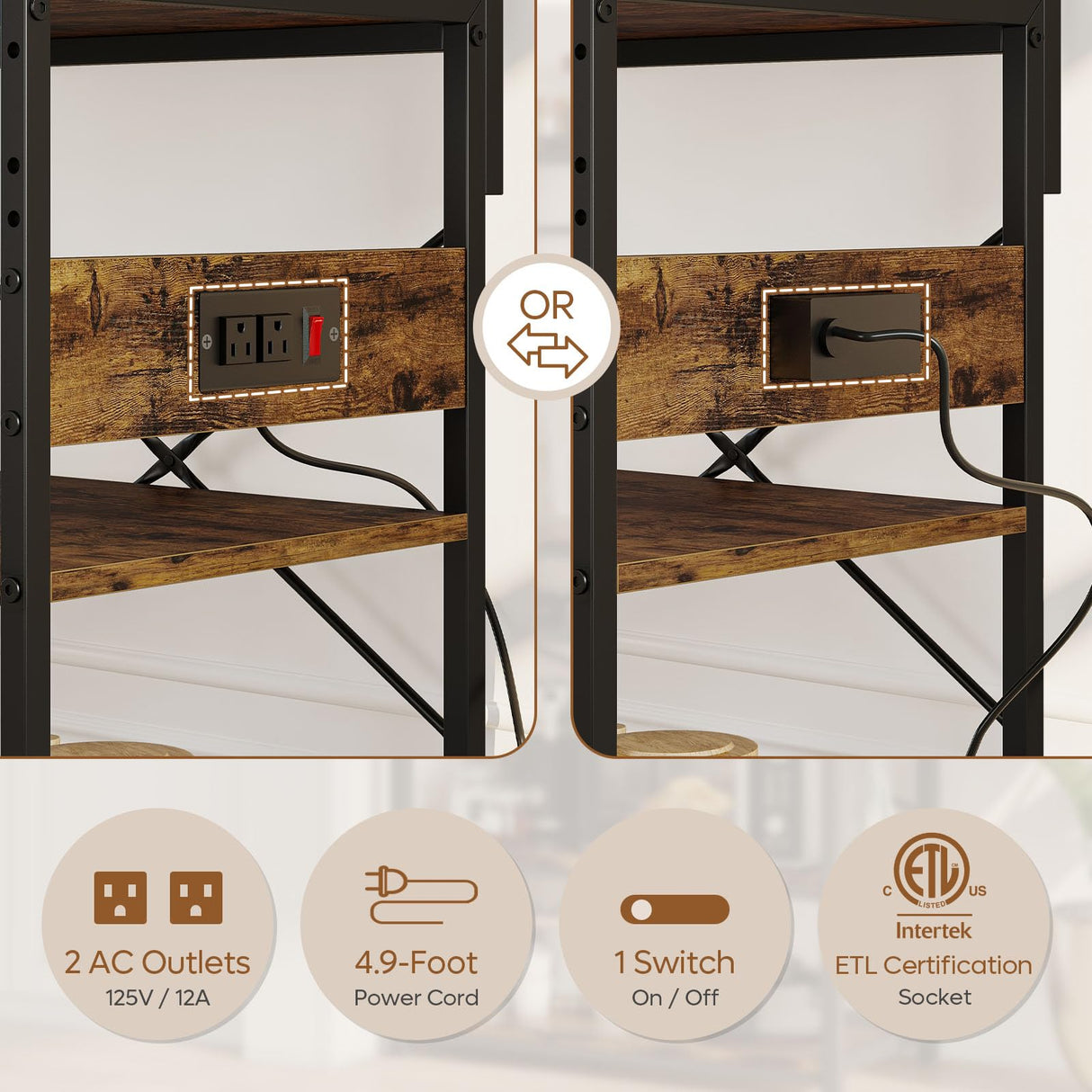 Bestier Rustic Brown 5-Tier Bakers Rack with Power Outlet and Storage Solutions Bestier