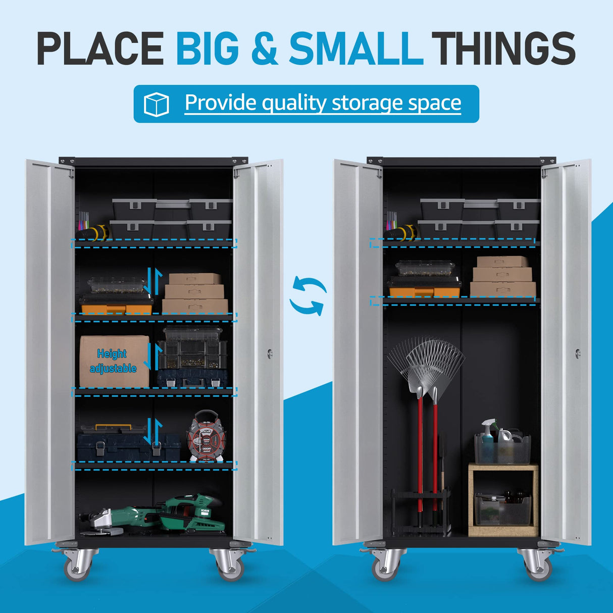 Waqiv Rolling Garage Storage Cabinet with Locking Door and Shelves, 71''H Lockable Metal Storage Cabinet on Wheels, Steel Tool Cabinet for Warehouse, Basement, Utility Room, Black&Gray Waqiv