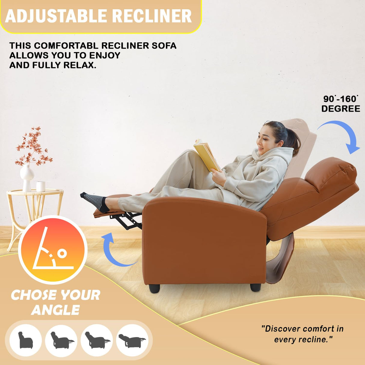 PayLessHere Recliner Chair Single Reclining Sofa Home Theater Seating with Lumbar Support and PU Leather Padded Backrest for Living Room and Bedroom (Tan) PayLessHere