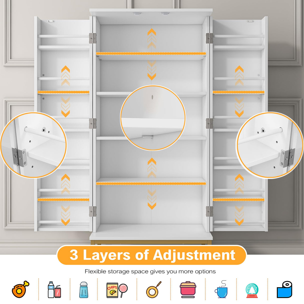 kepptory 51” Pantry Cabinets, White Freestanding Kitchen Pantry Storage Cabinet with Adjustable Shelves, Buffet Cupboards Storage Cabinet for Home Office Use, White + Gold kepptory