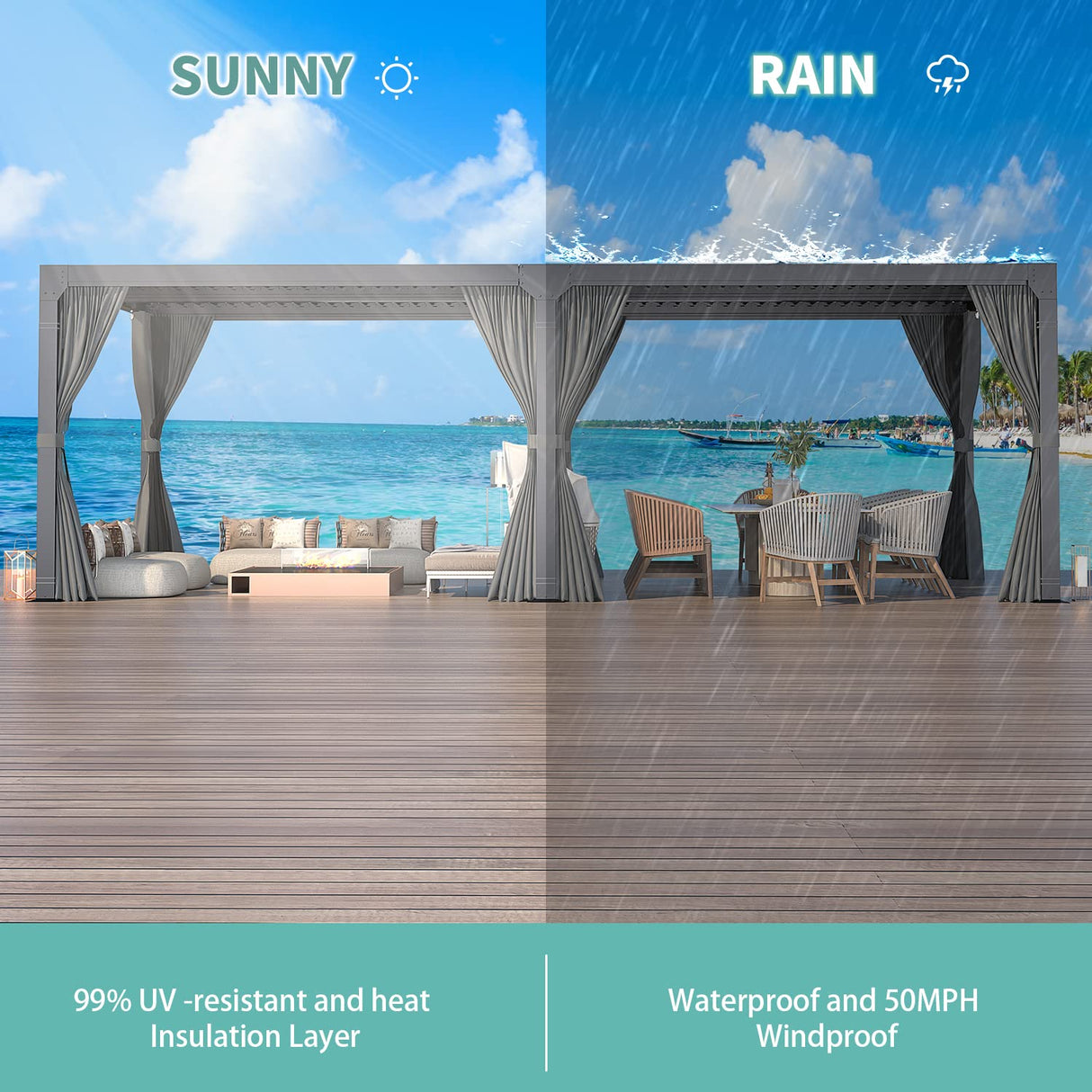 YOLENY 12' x 20' Louvered Pergola, Patio Hardtop Pergola with Adjustable Aluminum Rainproof Roof, Sun Shade Shelter with Netting and Curtains for YOLENY