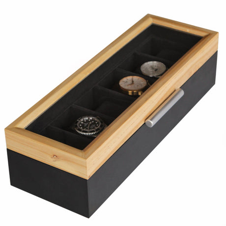 CASE ELEGANCE Two-Toned Pine and Black Base with Modern Aluminum Handle 6-Slot Watch Box with Real Glass CASE ELEGANCE
