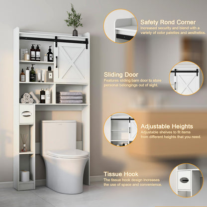 Over The Toilet Storage Cabinet, Farmhouse Storage Cabinet Over Toilet with Sliding Barn Door & Toilet Paper Holder Stand，Home Space-Saving Toilet Rack, for Bathroom, Restroom, Laundry