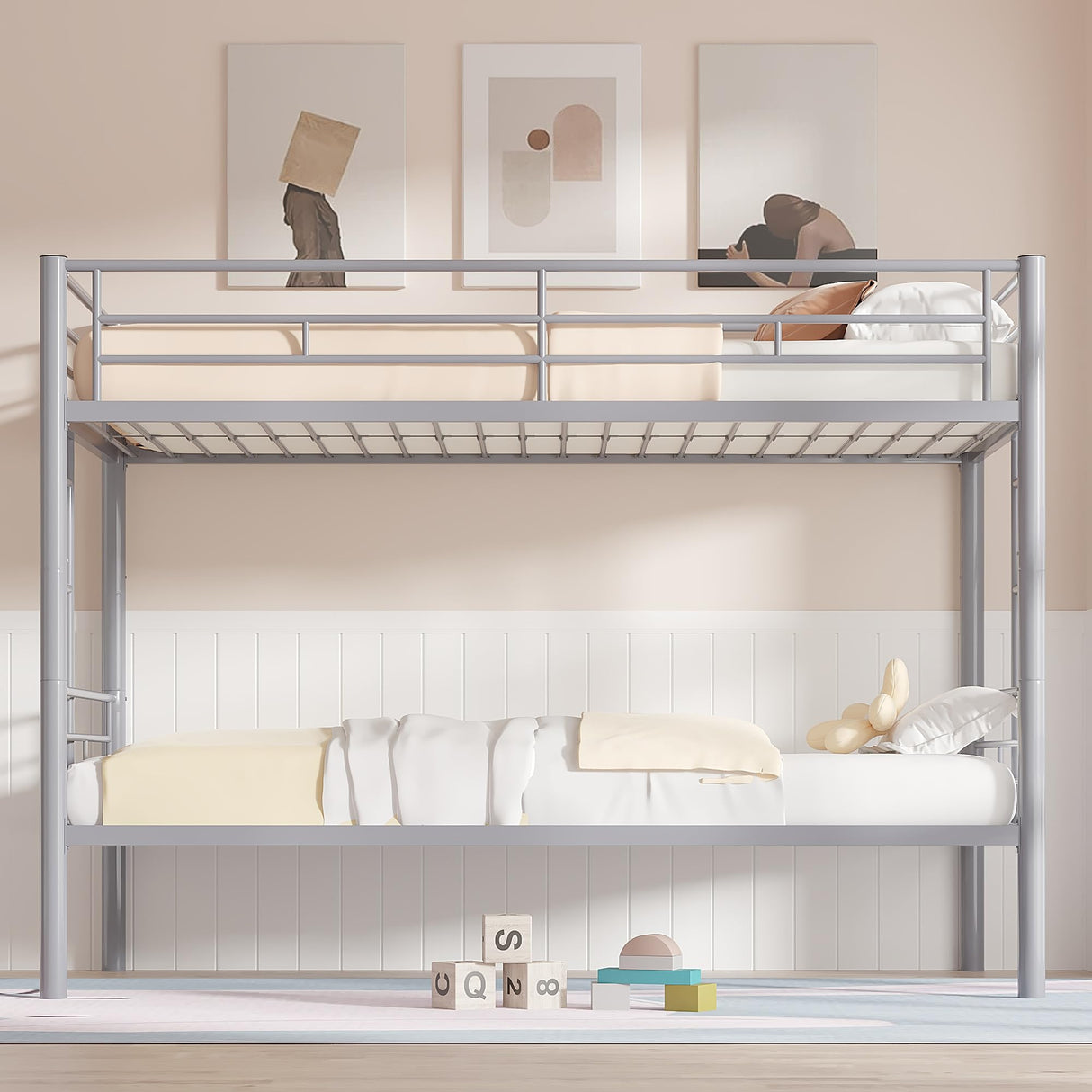 VECELO Bunk Bed Twin Over Twin, Metal Bunkbeds with Ladder and Full-Length Guardrail, No Box Spring Needed, Space Saving, Noise Free, Grey VECELO