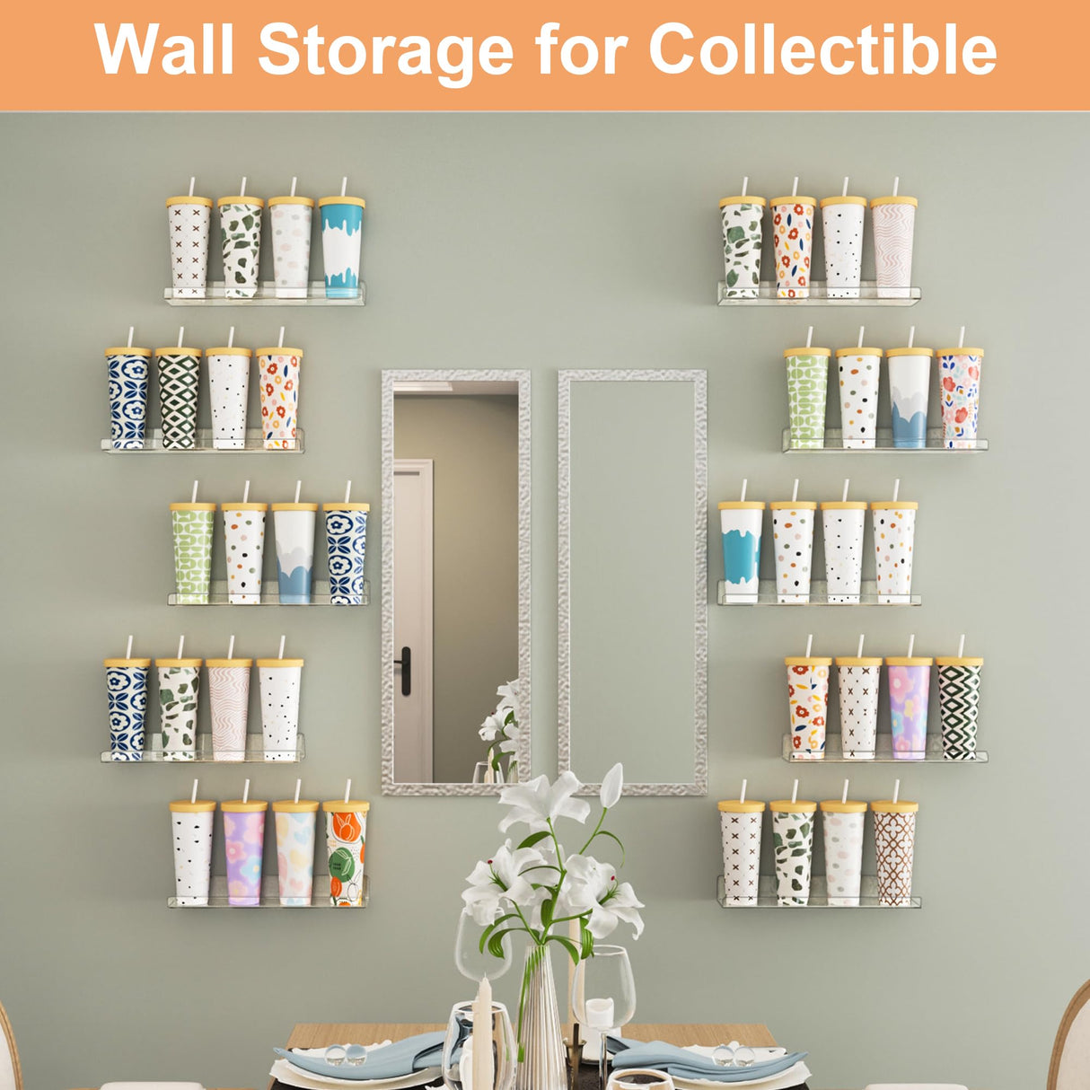 upsimples 16 Pack Acrylic Shelves for Wall Storage, 15" Floating Bookshelves for Kids, Display Shelf Organizer for Bathroom, Bedroom, Living Room, Kitchen, Room Decor, Clear upsimples