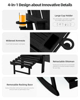 Serique 4-in-1 Multifunctional Folding Adirondack Rocking Chair, Patio Chair with Retractable Ottoman, Outdoor Chair Wood Texture, Lawn Chair for Porch, Backyard, Pool(Black) Serique