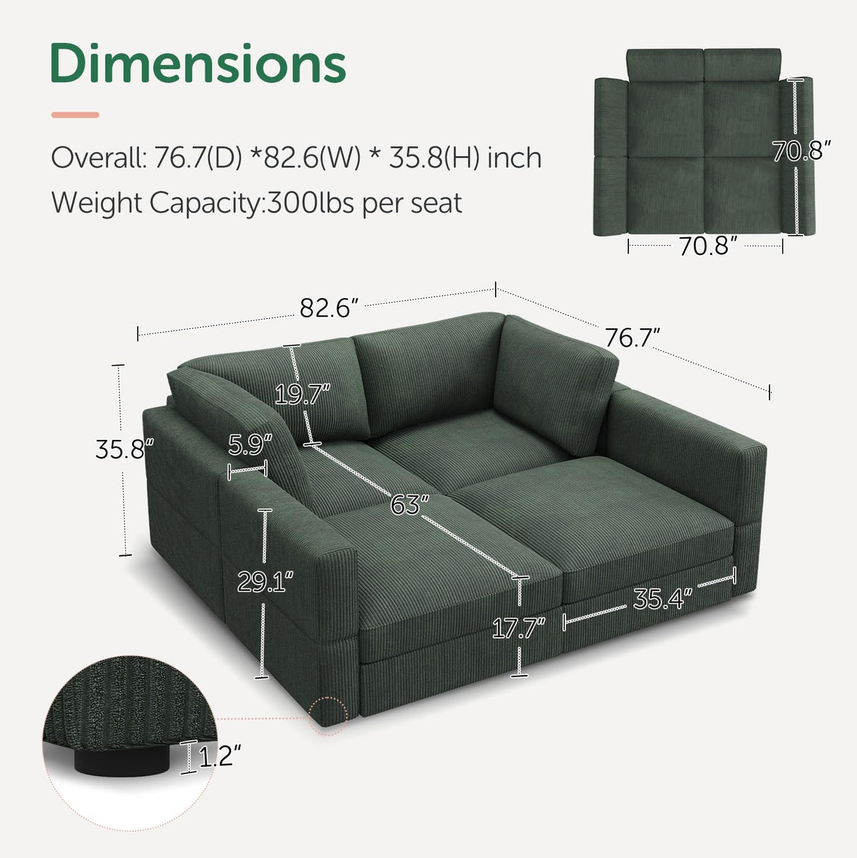 HONBAY Modular Sectional Couches with Storage Corduroy Sectional Sleeper Sofa Modular Sectional Couches for Living Room,Green HONBAY