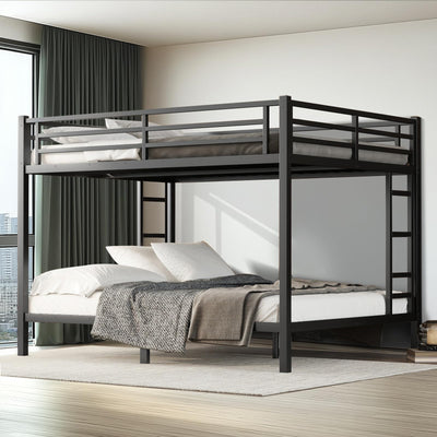 XUWANSHANG Queen Over Queen Bunk Bed Frame, Heavy Duty Metal Loft Bed for Adults/Teens, 400/600LB Capacity w/Ladder & Guardrail, Noise-Free Steel Slats, No Box Spring Required, Black