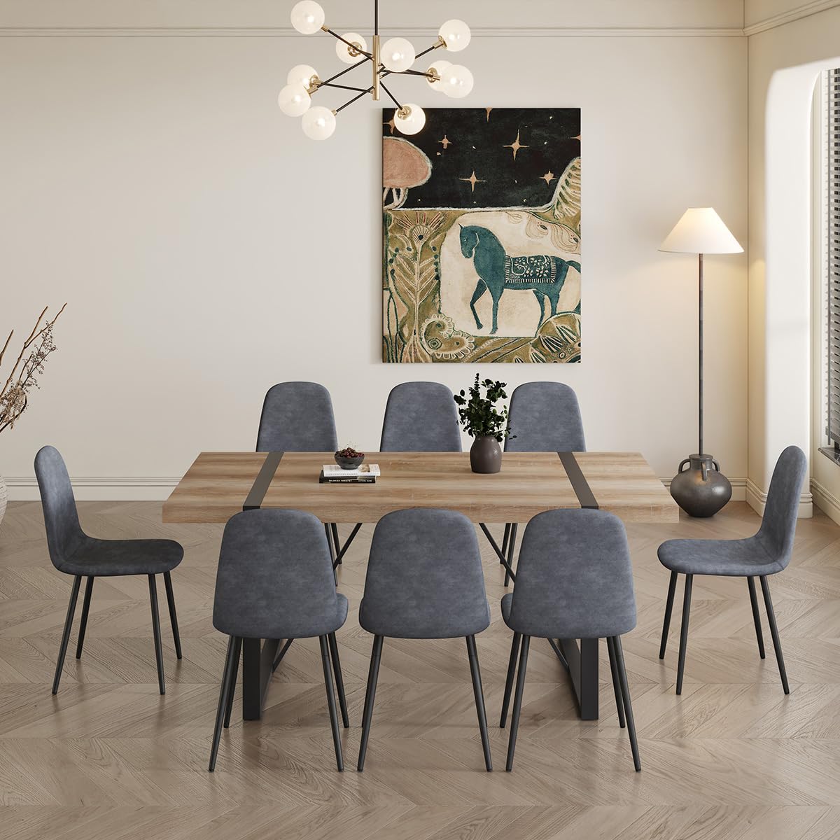 UELKS Dining Table Set for 8，9 Piece Dining Table Set，71'' Kitchen Table and Suede Nap Fabic Chairs Set of 8，for Kitchen Dining Room UELKS
