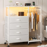 Seeday Fabric Dresser with Clothes Rack, 4 Drawers Dresser for Bedroom with Charging Station and LED Lights, Chest of Drawers with Wheels, Steel Frame, Wood Top, for Bedroom, Closet, White Seeday