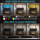 VIMBER Nightstand Set of 2, Adjustable LED Side Table with Charging Station and Fabric Drawer,Beside Table with Open Compartment for Living Room, Easy Assemble, 3 Tier End Table for Bedroom, Brown VIMBER