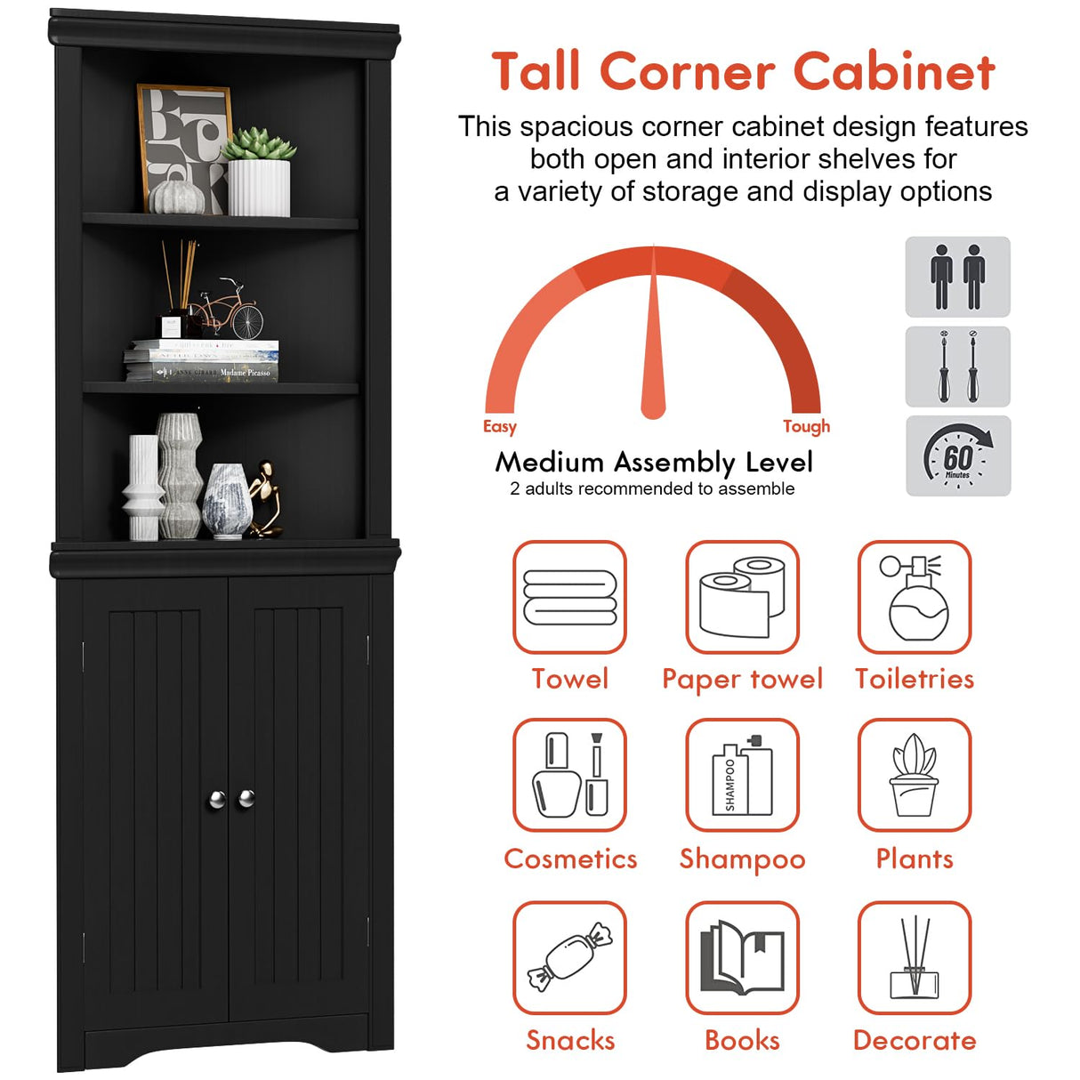 YESHOMY Corner Cabinet,Storage Cupboard with Doors,Tall Storage Cabinet with Adjustable Shelves, for Living Room,Bathroom,Kitchen,Dark Black YESHOMY