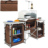 VEVOR Camping Kitchen Table, Folding Outdoor Cooking Table with Storage Carrying Bag, Aluminum Cook Station 3 Cupboard & Detachable Windscreen, Quick Set-up for Picnics, BBQ, RV Traveling, Brown VEVOR