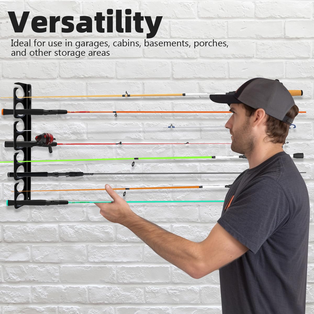 Wall or Ceiling Fishing Rod Storage Rack Vertical Horizontal Holder with 16 Capacity Fishing Rods Reels Mounted Roof Carrier Hooks Hanger for Garage Cabin and Basement Gear Accessories HangEase