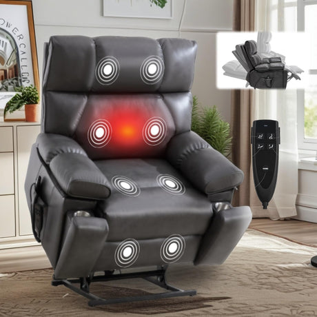 Trygoal Dual Motor Power Lift Recliner Chair, 8 Positions Vibration Massage Recliner Chair, Leather Recliner with Cup Holder, Vibration Massage and Lumbar Heating for Adults and Elderly, Grey Trygoal