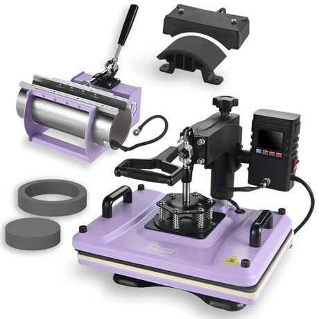 PlanetFlame Heat Press Machine 12x15 Inch, 360° Swing Away 5 in 1 Heat Transfer Machine, Multifunctional Heat Transfer Press Machine with 30OZ Tumbler Attachment for Hat/Plate/T-Shirt/Mug, Purple PlanetFlame