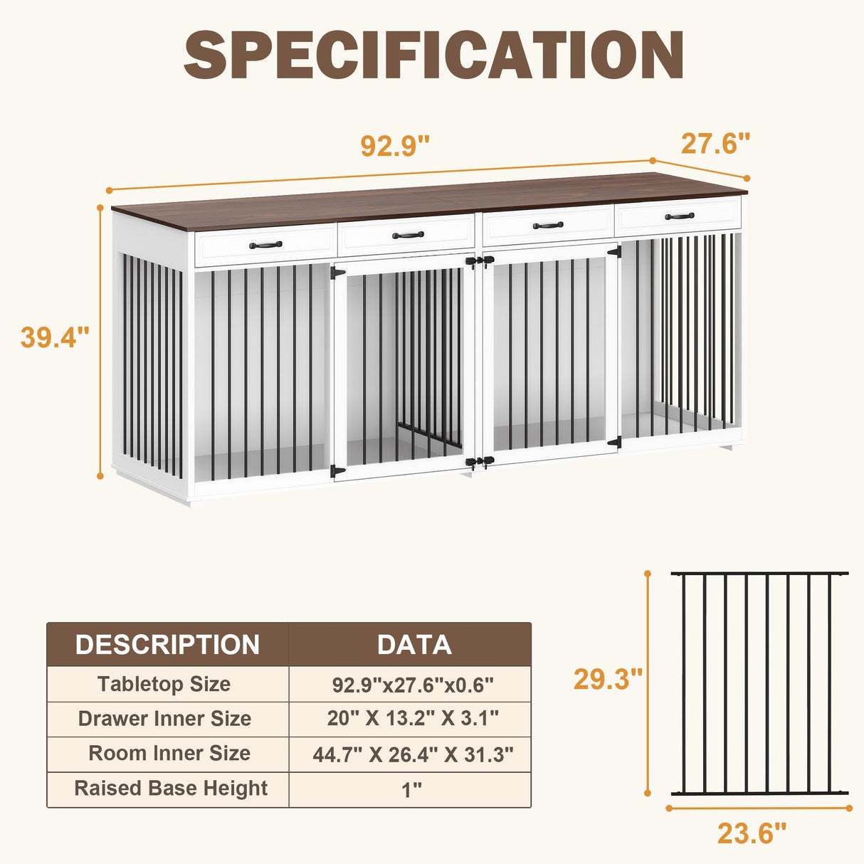Timechee Extra Large Dog Crate with Double Rooms, 93" Heavy Duty Wooden Dog Cage Furniture Dog Crate Kennel w/Drawers & Removable Divider,Indoor Luxury Dog House for Large Dogs,White Timechee