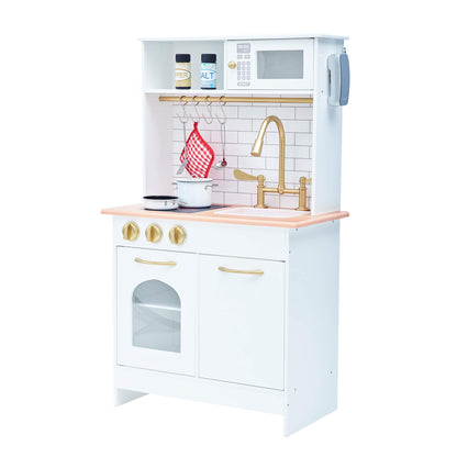 Teamson Kids Little Chef Boston Compact Farmhouse Interactive Wooden Play Kitchen with Sink, Oven, Microwave and Storage Space for Easy Clean Up, White with Gold Finishes - WoodArtSupply