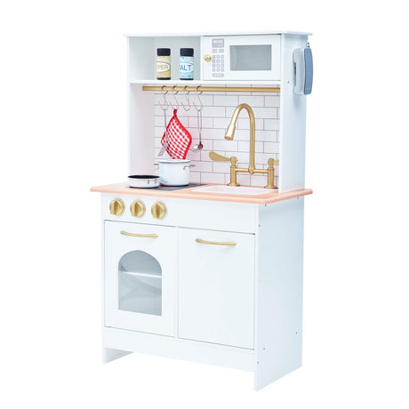 Teamson Kids Little Chef Boston Compact Farmhouse Interactive Wooden Play Kitchen with Sink, Oven, Microwave and Storage Space for Easy Clean Up, White with Gold Finishes Teamson Kids