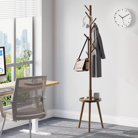 GREENSTELL Coat Rack with 8 Hooks, Wooden Coat Rack Freestanding with Shelf, Coat Tree with 4 Height Options 50.5"-72.6", Coat Hanger Stand for Bags, Clothes, Umbrellas, Hats, in Home, Brown GREENSTELL