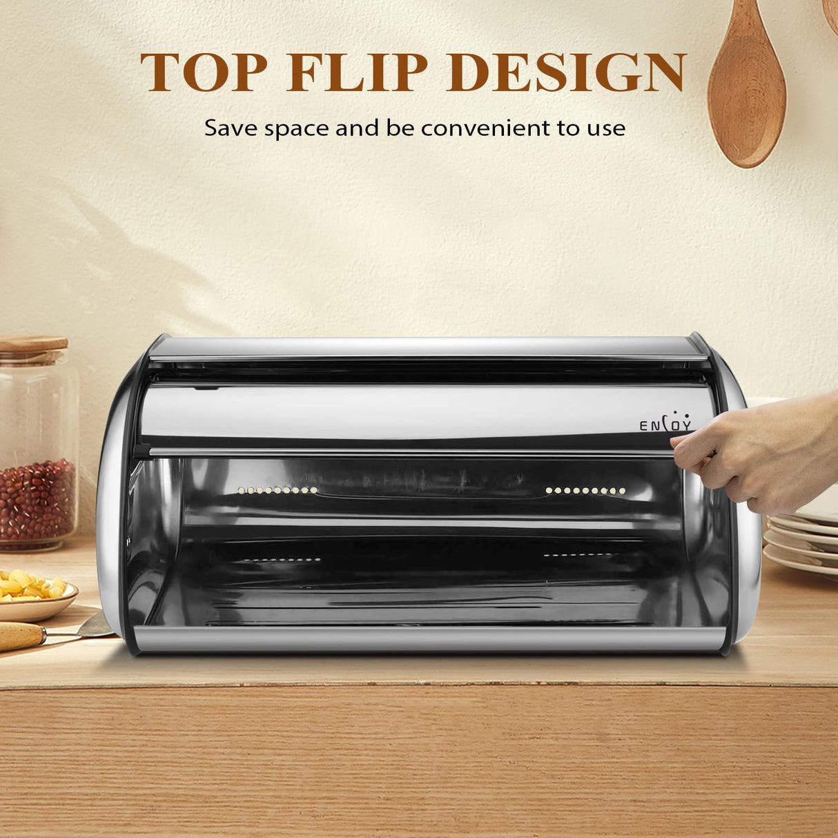 ENLOY Bread Box for Kitchen Counter, Stainless Steel Roll Top Bread Bin, Sliver Bread Storage Holder with Lid, Large Capacity Bread Keeper, 17 x 11 x 7 Inches ENLOY