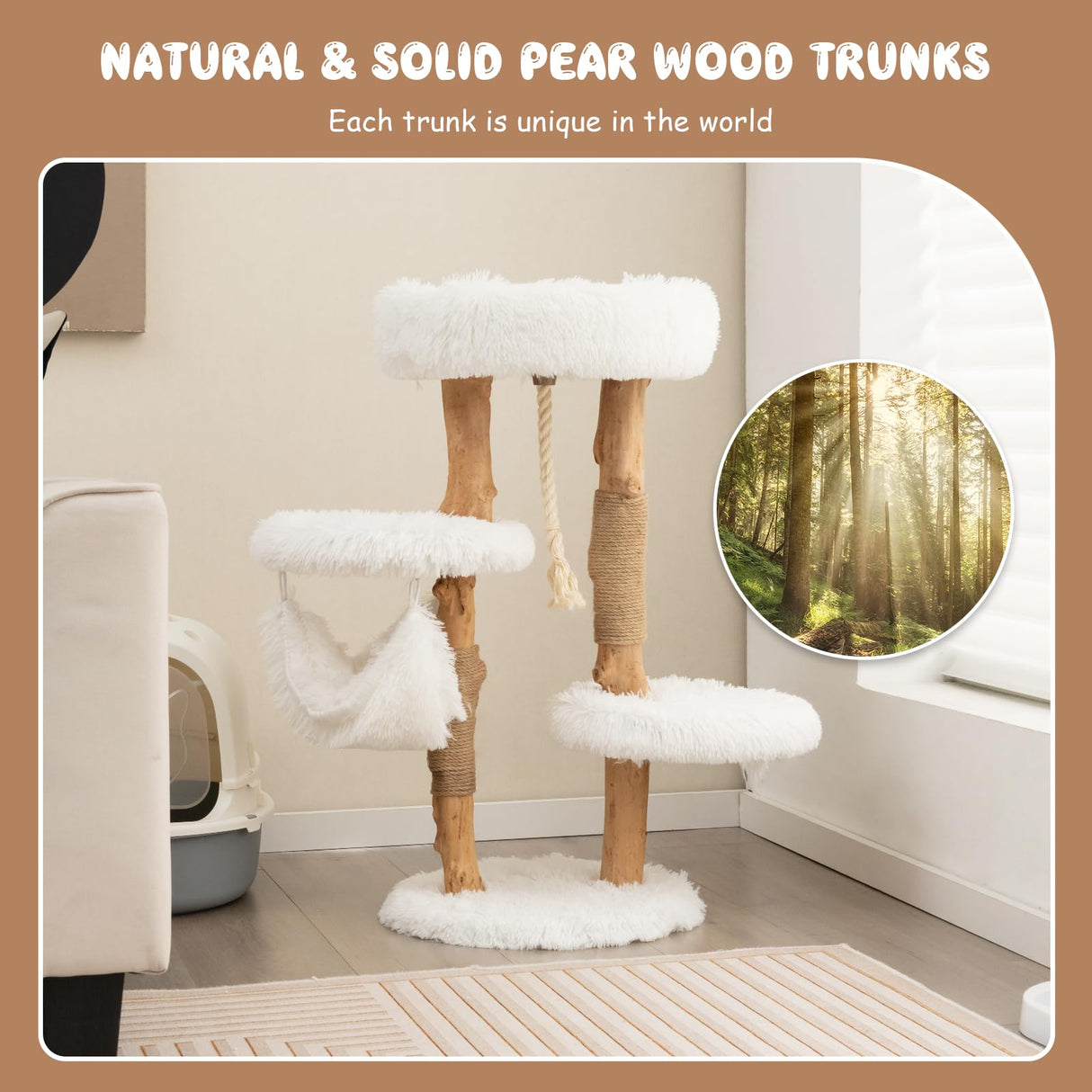 Tangkula Cat Tree Tower, Solid Wood Modern Cat Tower with Cozy Top Perch, 2 Platforms & 1 Hammock, Natural Branch Cute Cat Tree with Scratching Posts & Sisal Rope for Indoor Cats Tangkula