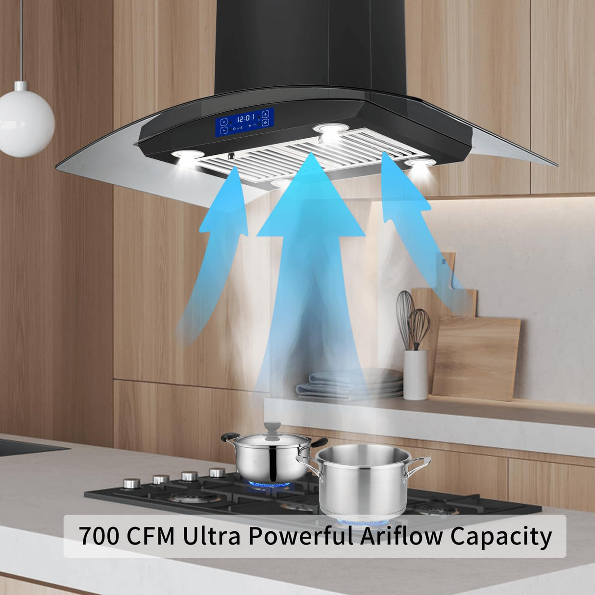 JOEAONZ 36 inch Island Range Hood 700CFM Black Painted Stainless Steel, Gesture & Touch Control Panel Ceiling Mount Kitchen Vent Hood Ducted/Ductless Convertible Extractor, Exhaust Fan 4 LED Lights JOEAONZ