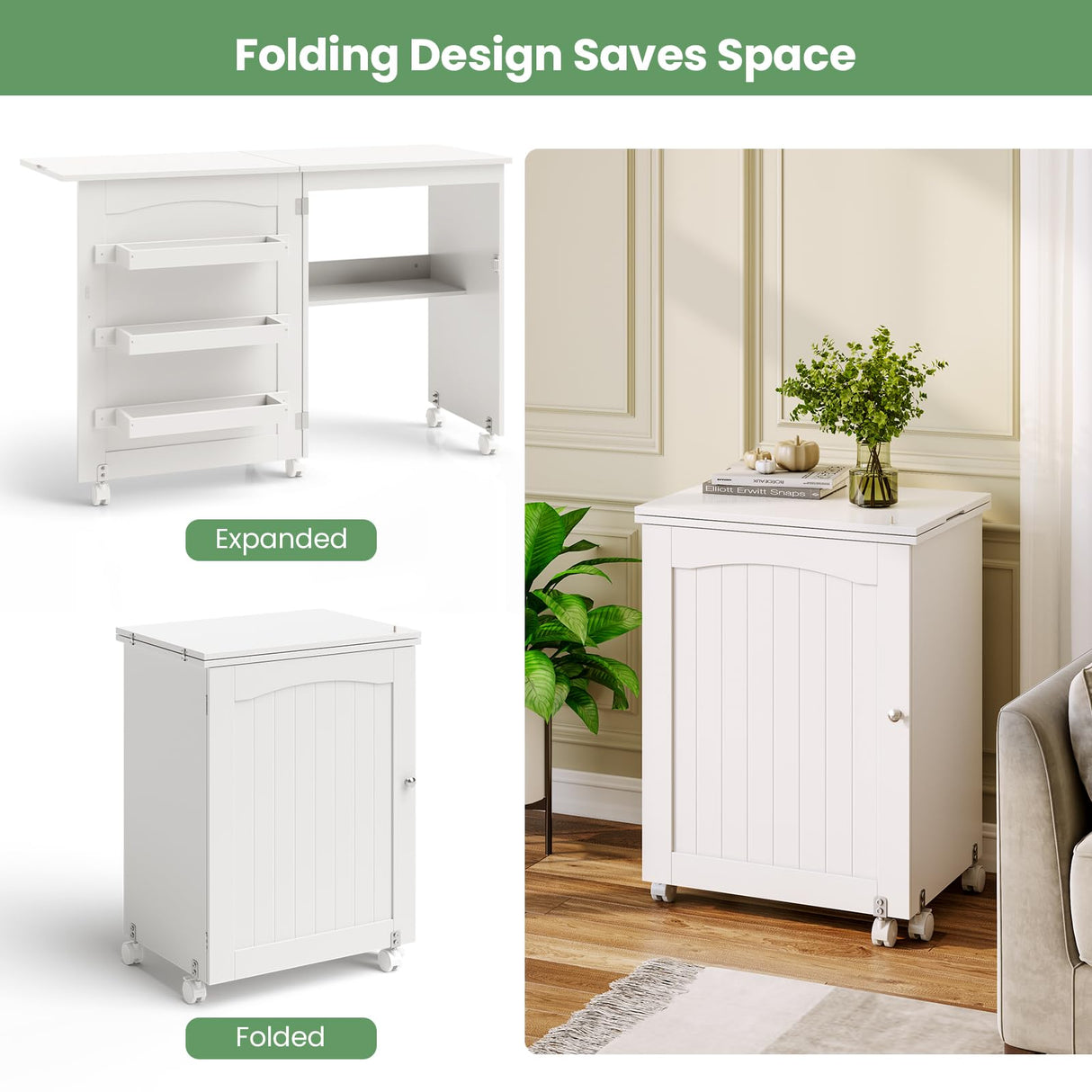 COSTWAY Folding Sewing Table, Multipurpose Craft Station Desk, Display Cabinet with Shelves Storage, Lockable Wheels, Rolling Sewing Machine Desk for Home Apartment, White COSTWAY