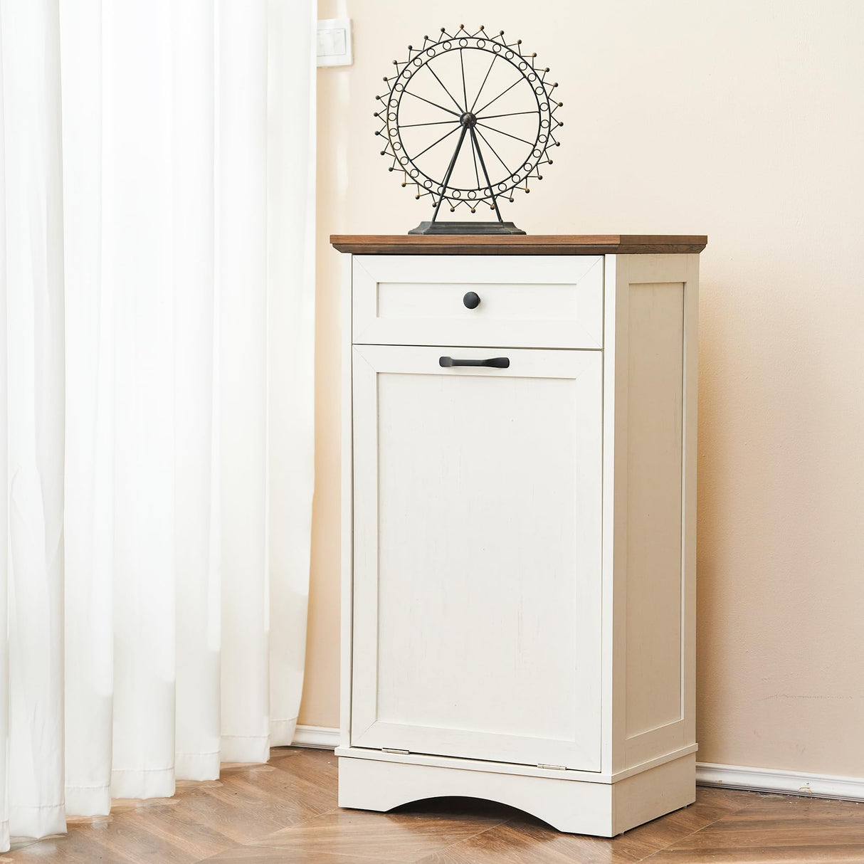 AHB 13 Gallons Tilt Out Trash Cabinet Free Standing Kitchen Trash Cabinet Recycling Garbage Cabinet with Hideaway Drawer Pet Proof Trash Can Holder for Kitchen Living Room, White AHB