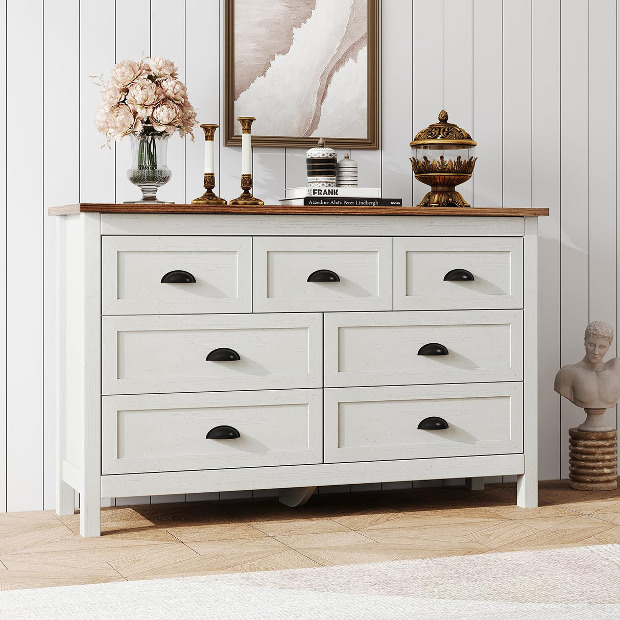 HOUROM Farmhouse White Dresser for Bedroom, Wide Wood Dressers & Chests of Drawers with Vintage Black Handle, 7 Drawer Dresser for Bedroom Hallway, Entryway, Antique White HOUROM