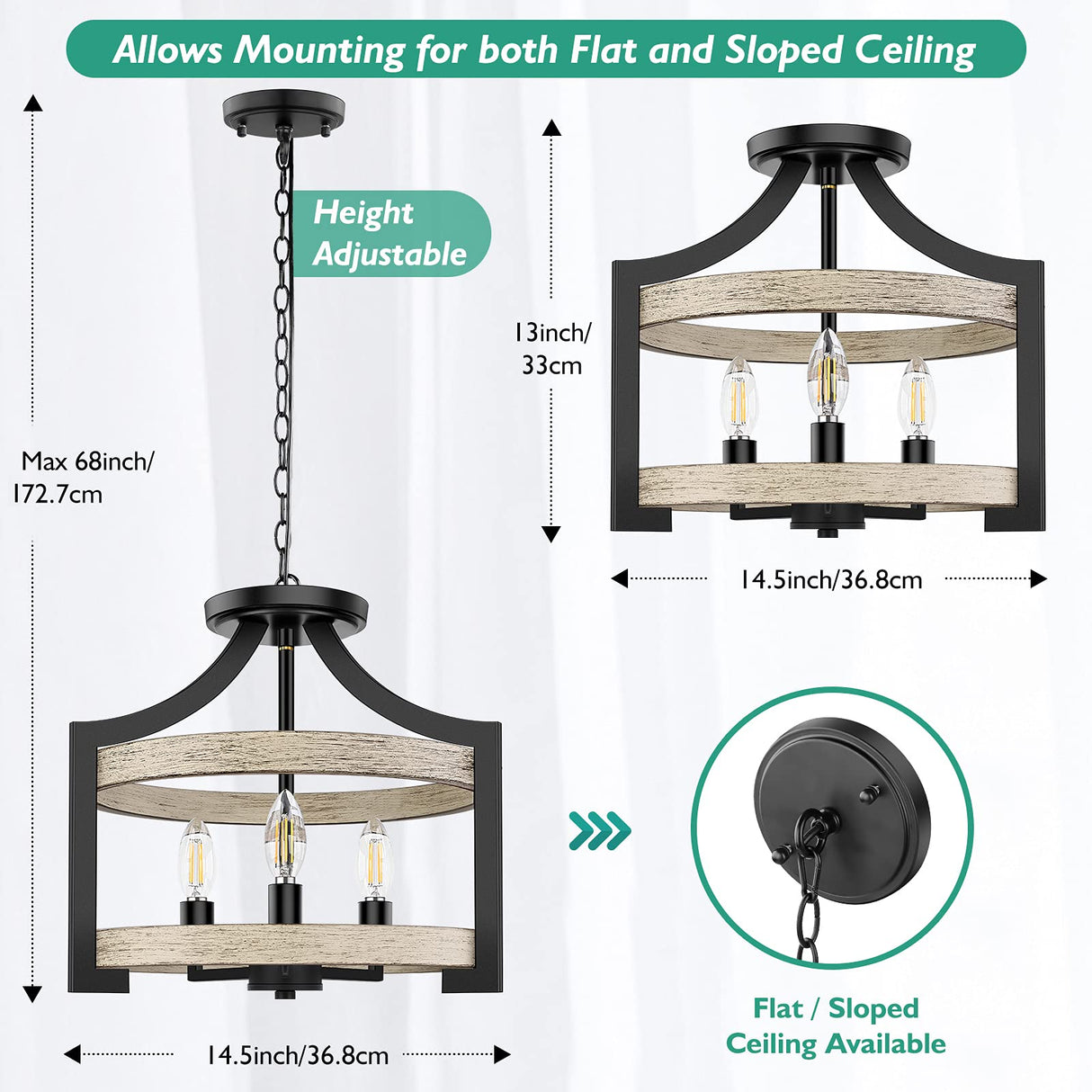 3-Light Rustic Farmhouse Pendant Hanging Light Adjustable Height Max 68in, Convertible Vintage Semi Flush Mount Ceiling Light Fixture Black Metal Chandelier White Birch Wood Finish Kitchen Dining Room BesLowe