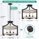 3-Light Rustic Farmhouse Pendant Hanging Light Adjustable Height Max 68in, Convertible Vintage Semi Flush Mount Ceiling Light Fixture Black Metal Chandelier White Birch Wood Finish Kitchen Dining Room BesLowe