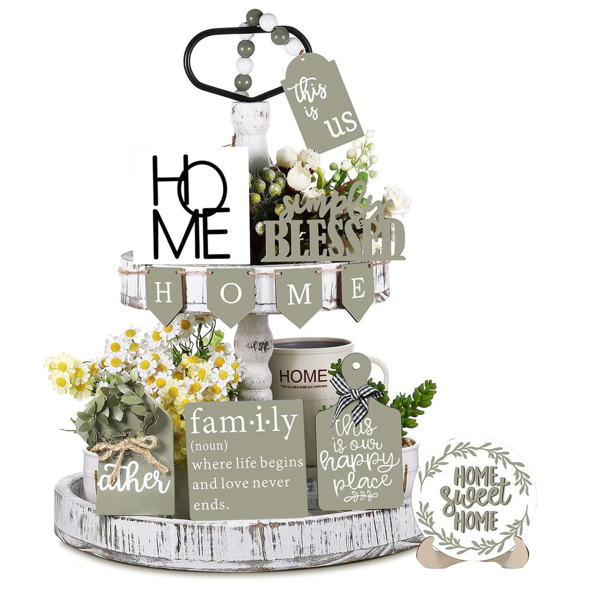 NJXJKGY 11PCS Farmhouse Tiered Tray Decor Set – Rustic Wooden Mini Signs and Decorations for Home and Kitchen Display (Tiered Tray Not Included) NJXJKGY