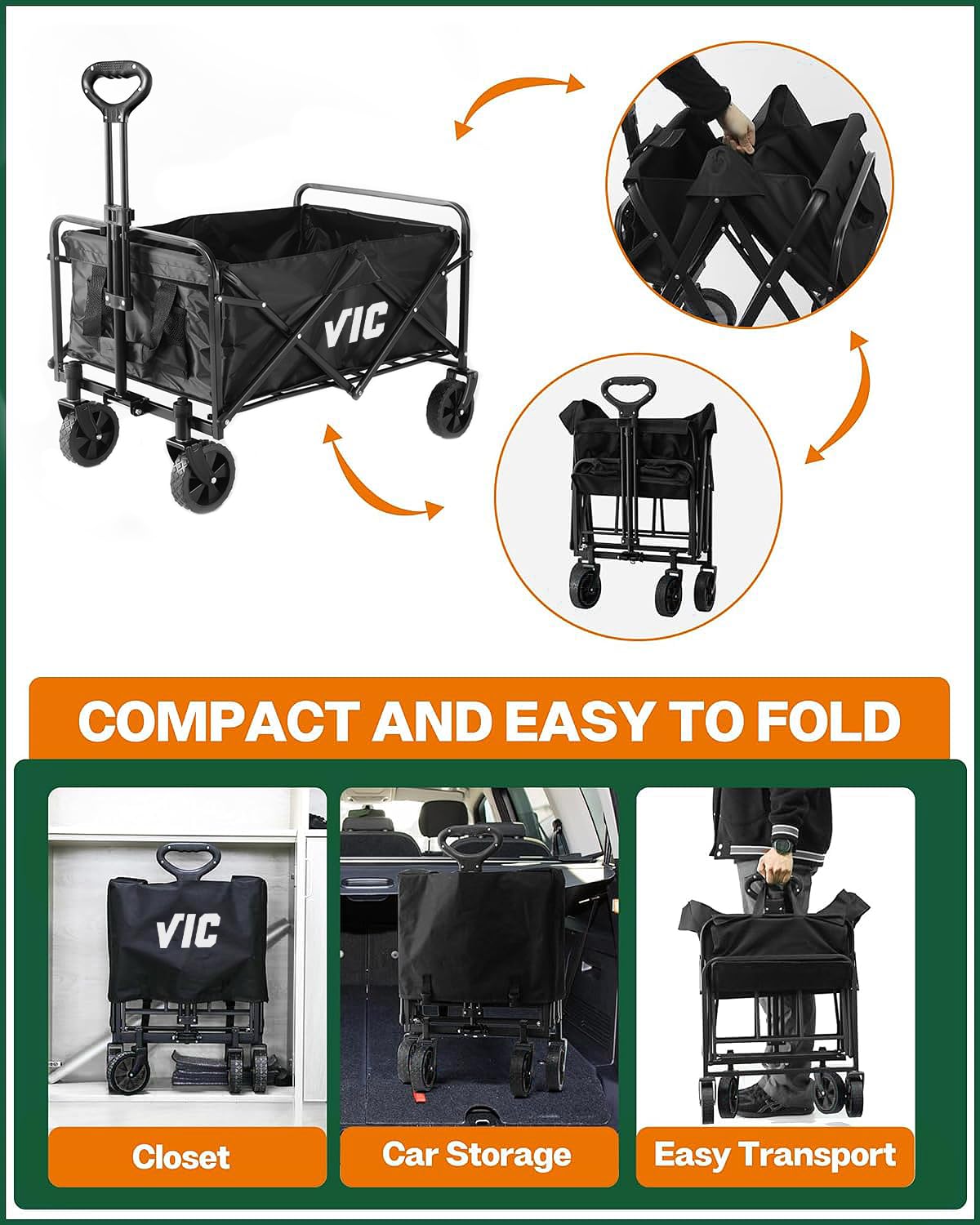 VIC Collapsible Folding Wagon, Beach Wagon Cart Heavy Duty 400LBs Foldable, Utility Grocery Wagon with Side Pocket for Camping Garden Sports, L4