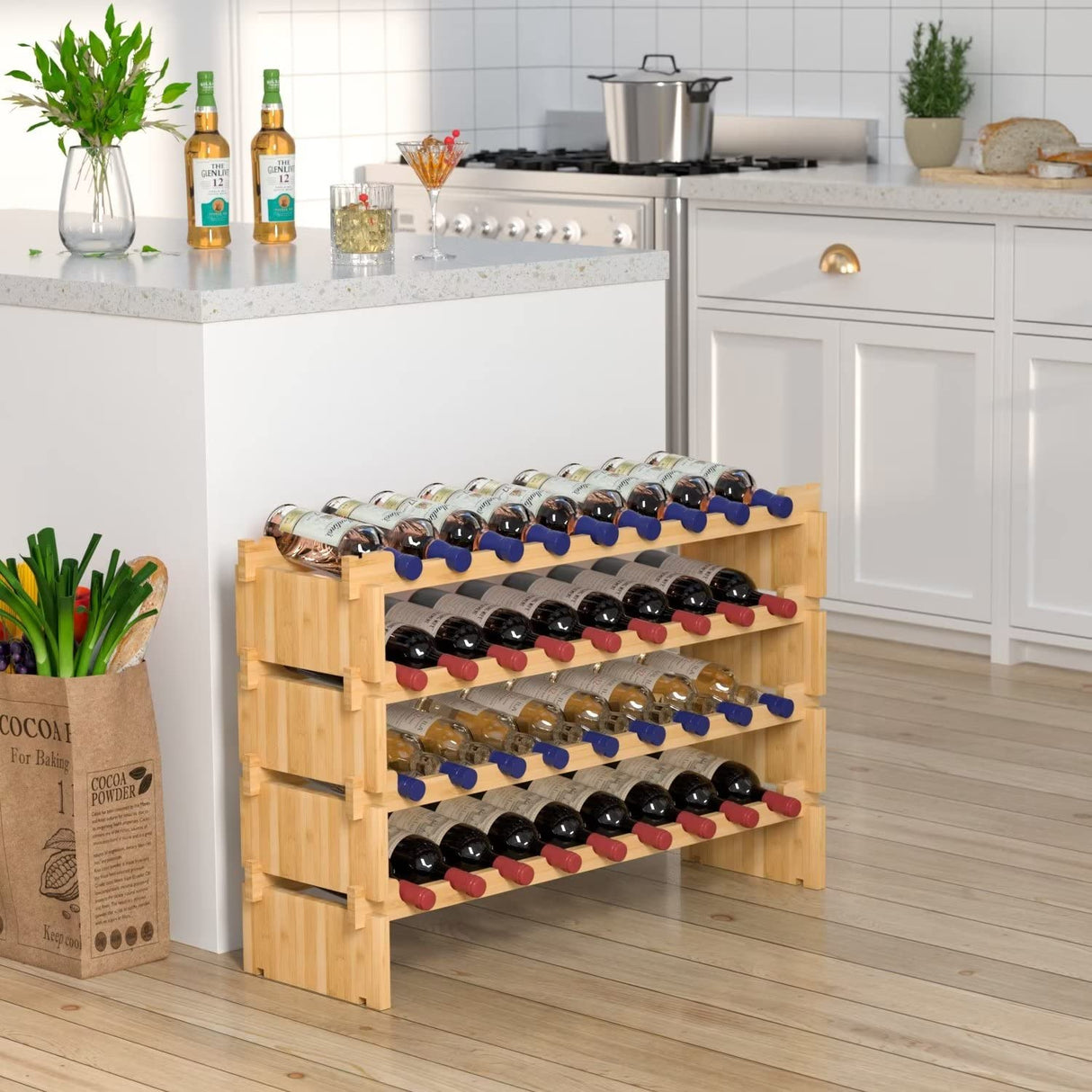 Domax Wine Rack Freestanding Floor - 36 Wine Bottle Holder, Large Stackable Wooden Storage Racks for Inside Cabinet and Countertop (Yellow) Domax