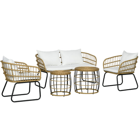 Outsunny 5 Piece PE Rattan Outdoor Furniture Set with Cushioned Chairs & Loveseat Sofa, Patio Sectional Furniture Set, Conversation Sofa Set with Stackable Coffee Tables, Cream White Outsunny