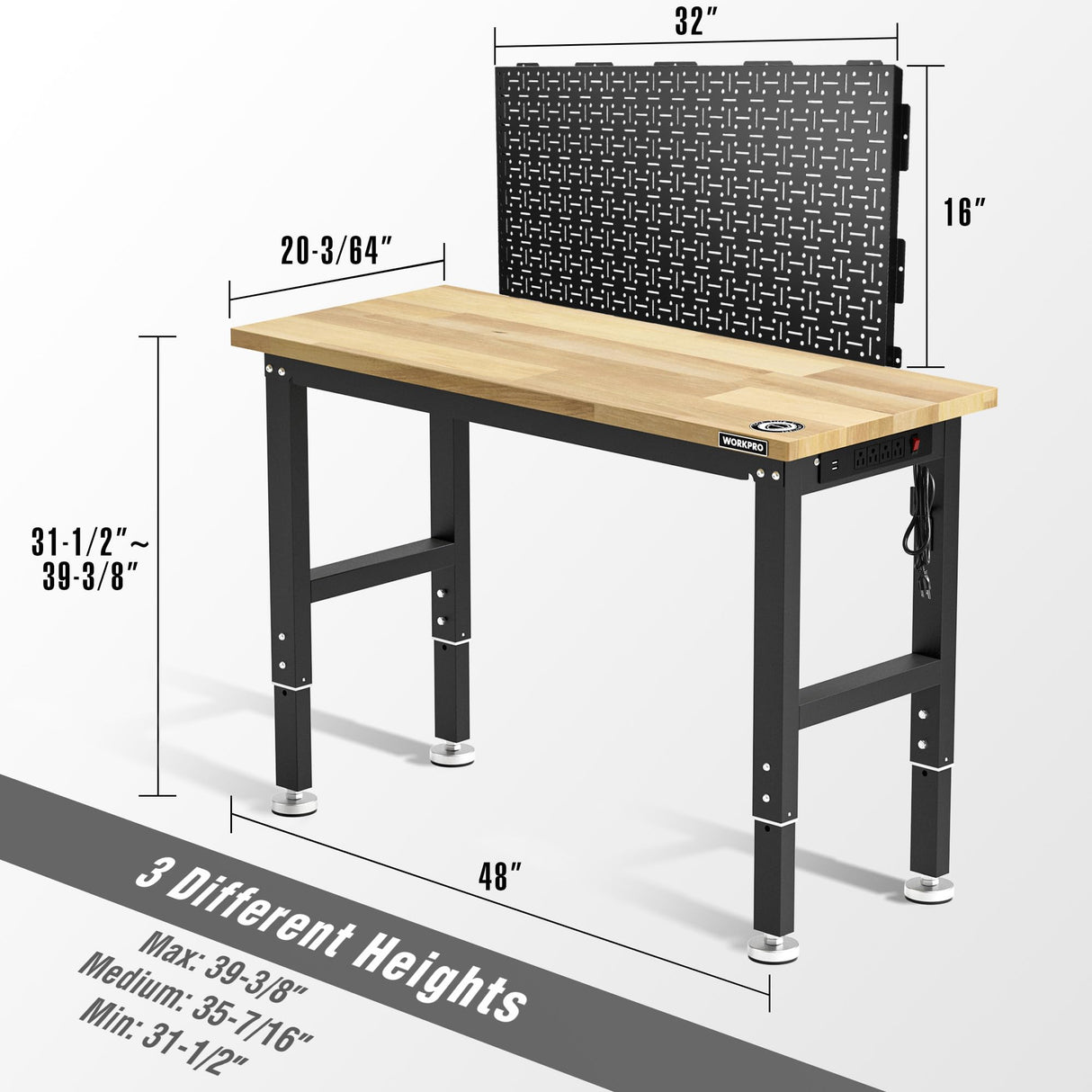 WORKPRO 48" Adjustable Workbench with 2 Pack 16”x 32” Metal Pegboard, Rubber Wood Top Heavy-Duty Workstation, 2000 LBS Load Capacity Hardwood Worktable with Power Outlets, for Workshop, Garage WORKPRO